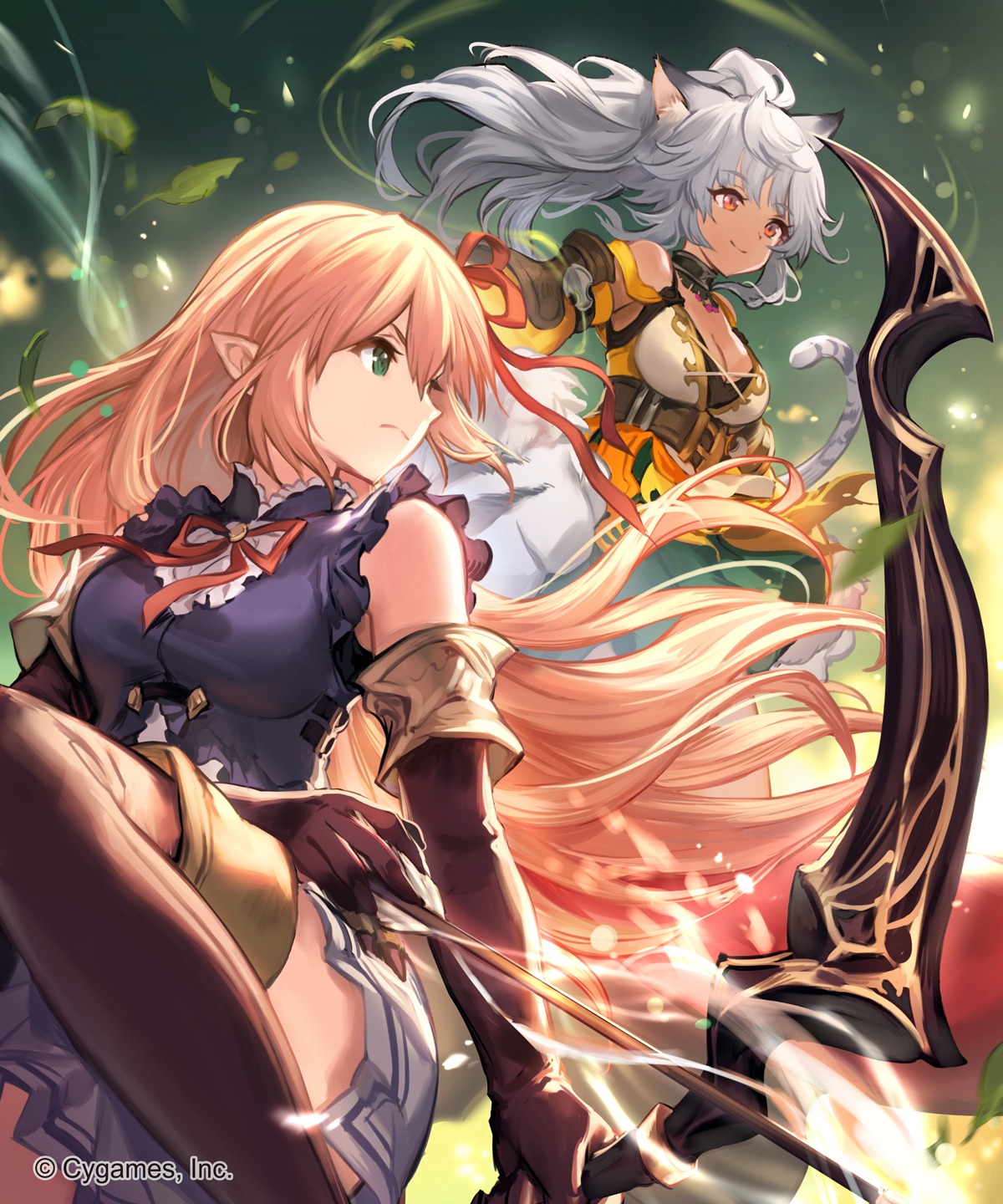 animal_ears, arisa_(shadowverse), cleavage, lee_hyeseung, pointy_ears, shadowverse, skirt_lift, tail