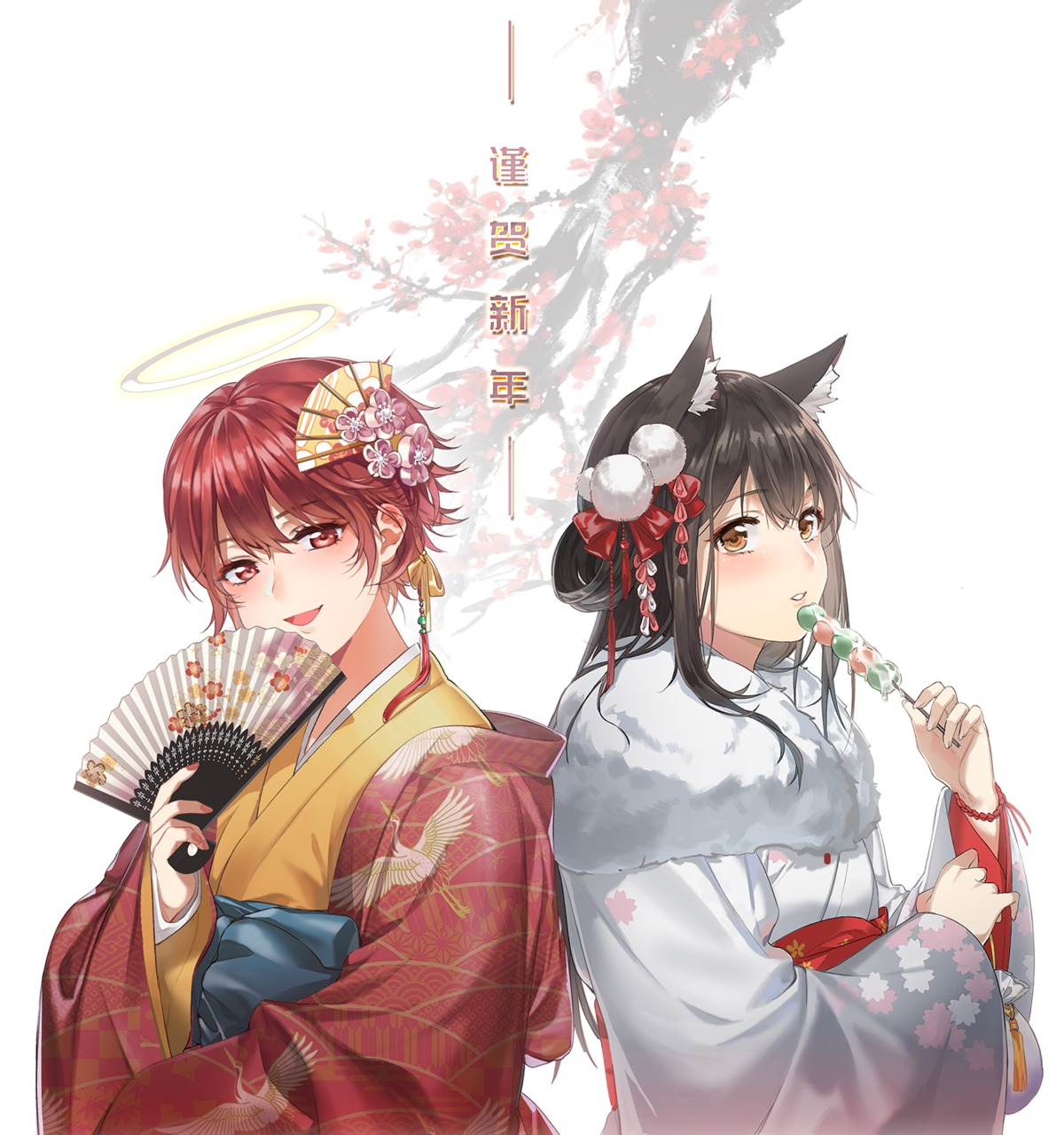 animal_ears, arknights, exusiai_(arknights), halo, kimono, qianjingya, texas_(arknights)