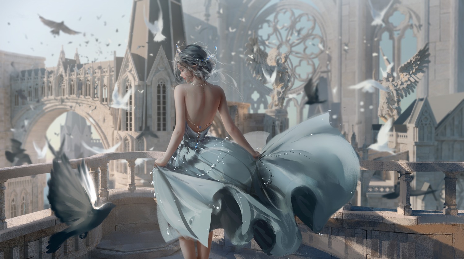 dress, ghostblade, no_bra, pointy_ears, wlop, yan_haiqin