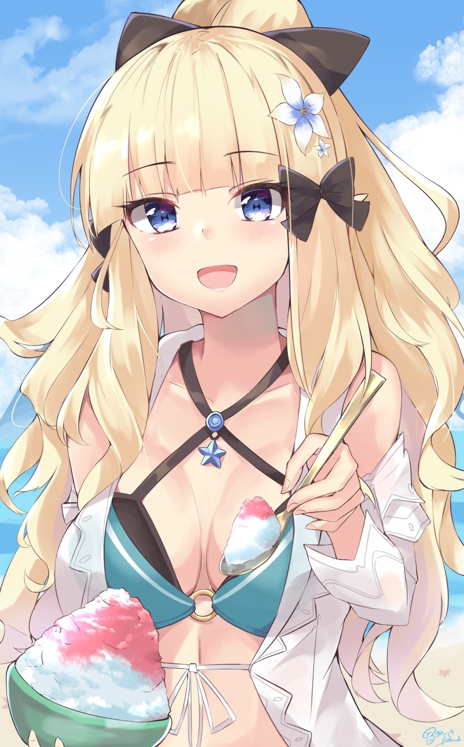 bikini_top, cleavage, mushpz, open_shirt, princess_connect!, princess_connect!_re:dive, sasaki_saren, swimsuits