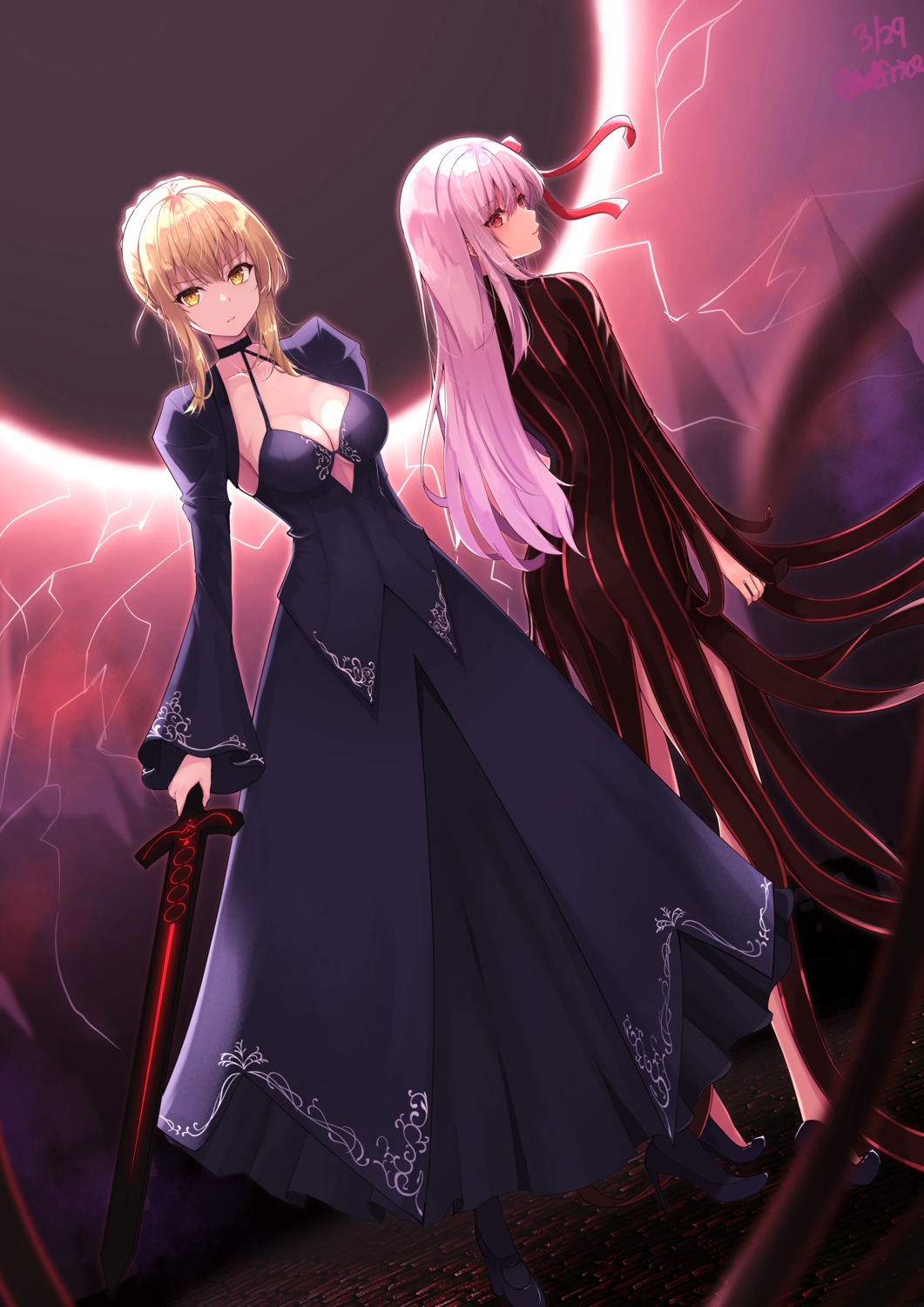 artoria_pendragon_(fate), artoria_pendragon_alter_(fate), cleavage, dark_sakura, dress, fate/stay_night, heels, matou_sakura