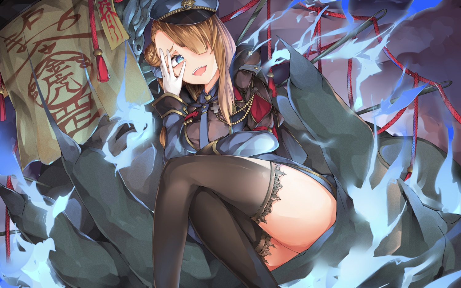 breast_hold, polymer77721, skirt_lift, thighhighs, tower_of_saviors, uniform