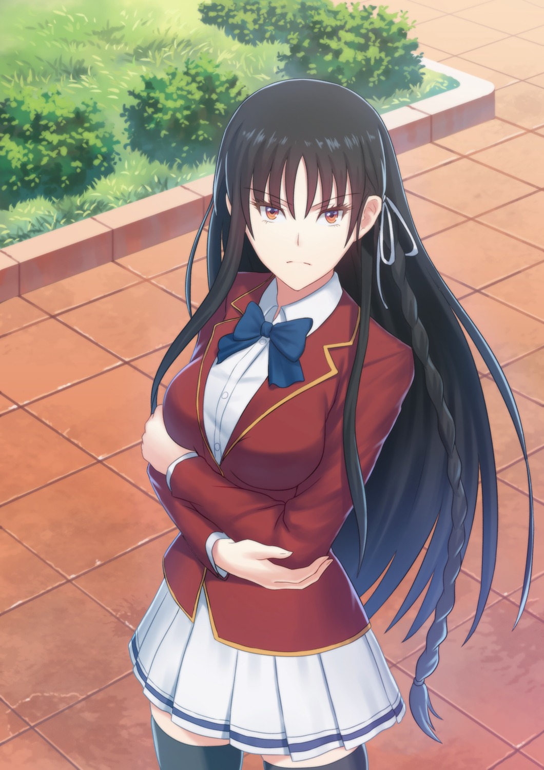breast_hold, fateline_alpha, horikita_suzune, seifuku, thighhighs, youkoso_jitsuryoku_shijou_shugi_no_kyoushitsu_e