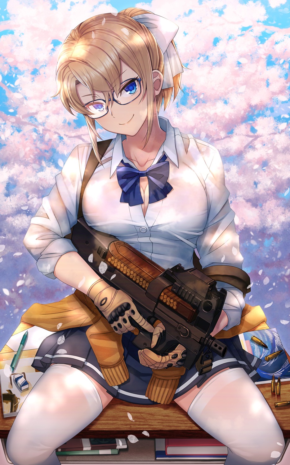 cleavage, gun, itou_(onsoku_tassha), megane, open_shirt, see_through, seifuku, thighhighs
