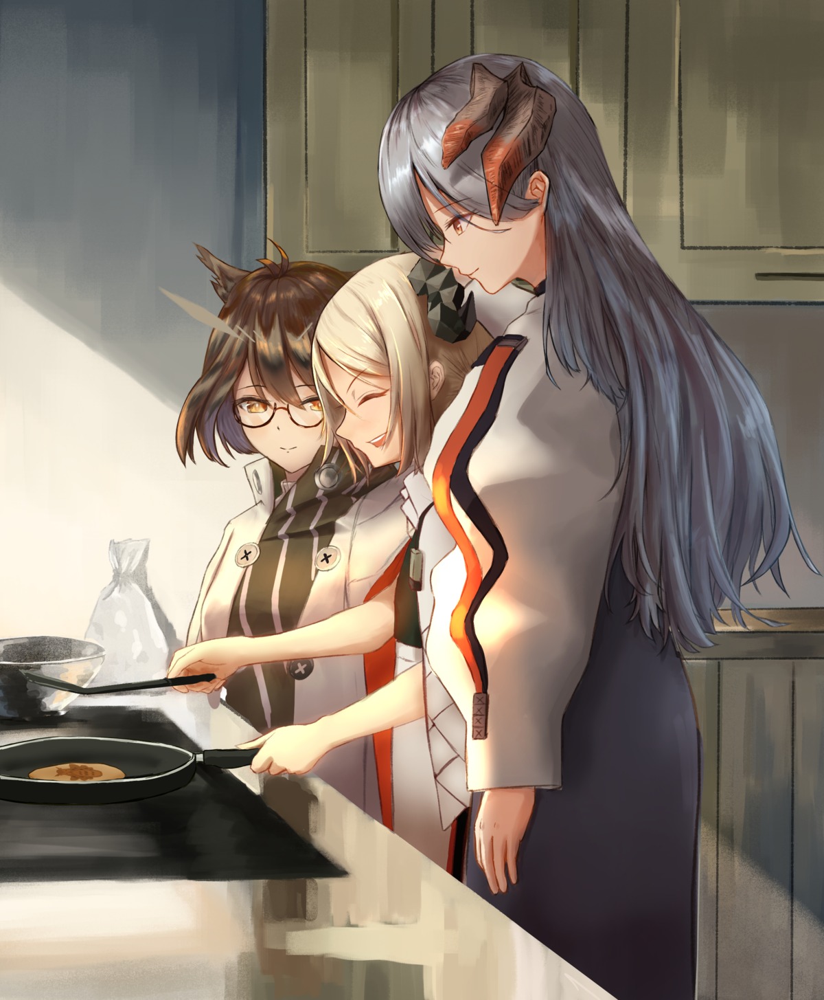 arknights, horns, ifrit_(arknights), megane, saria_(arknights), silent_(arknights), uzurako
