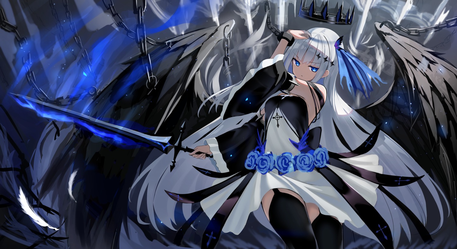 angel, dress, kurotobi_rarumu, stockings, sword, thighhighs, wings