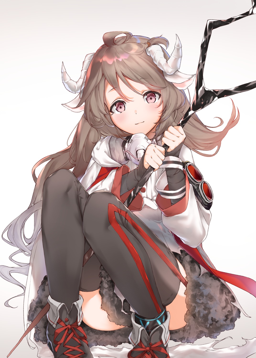 animal_ears, arknights, eyjafjalla_(arknights), horns, kimidori3_karla, skirt_lift, stockings, thighhighs, weapon