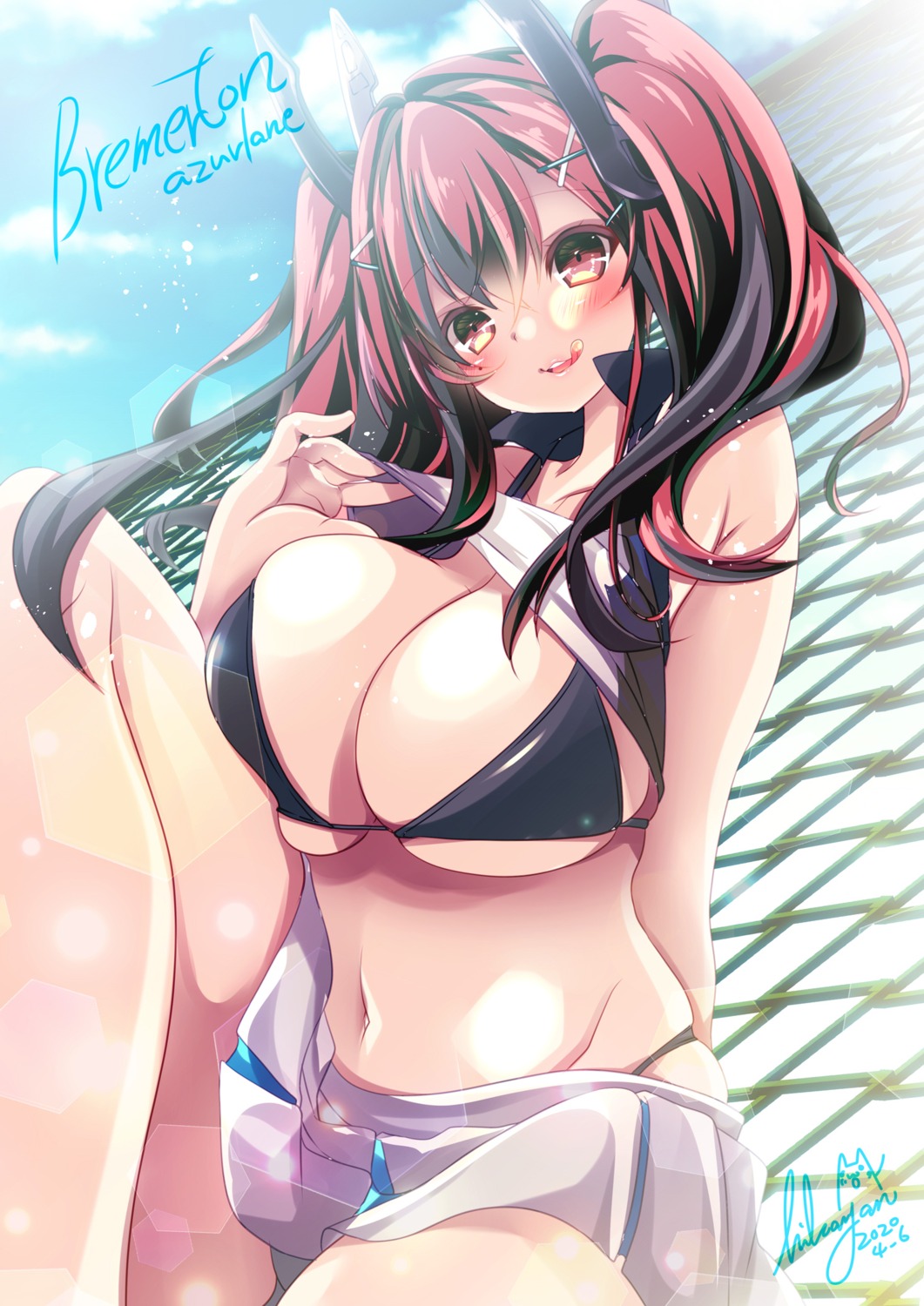 azur_lane, bikini, bremerton_(azur_lane), hikanyan, shirt_lift, swimsuits, undressing