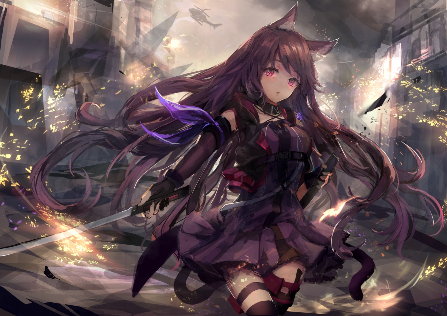 animal_ears, arknights, garter, melantha_(arknights), sword, tail, thighhighs, trrcmb, uniform