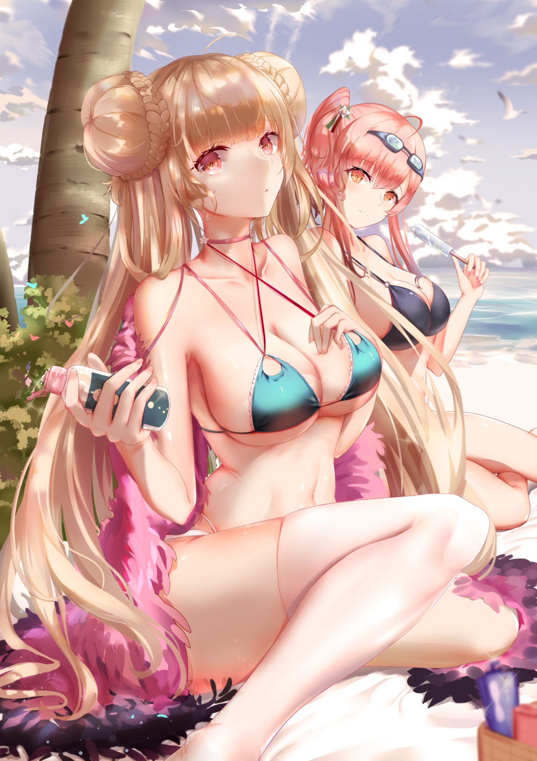 azur_lane, bikini, breast_hold, formidable_(azur_lane), swimsuits, thighhighs, xiaoshan_jiang, zara_(azur_lane)