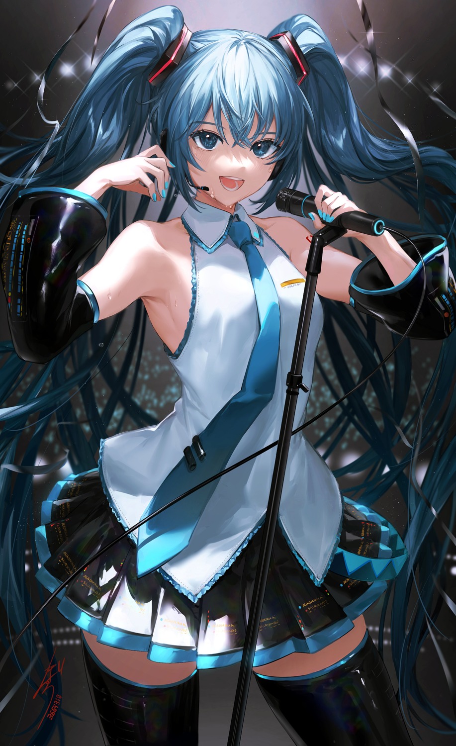 hatsune_miku, headphones, hoojiro, tattoo, thighhighs, vocaloid