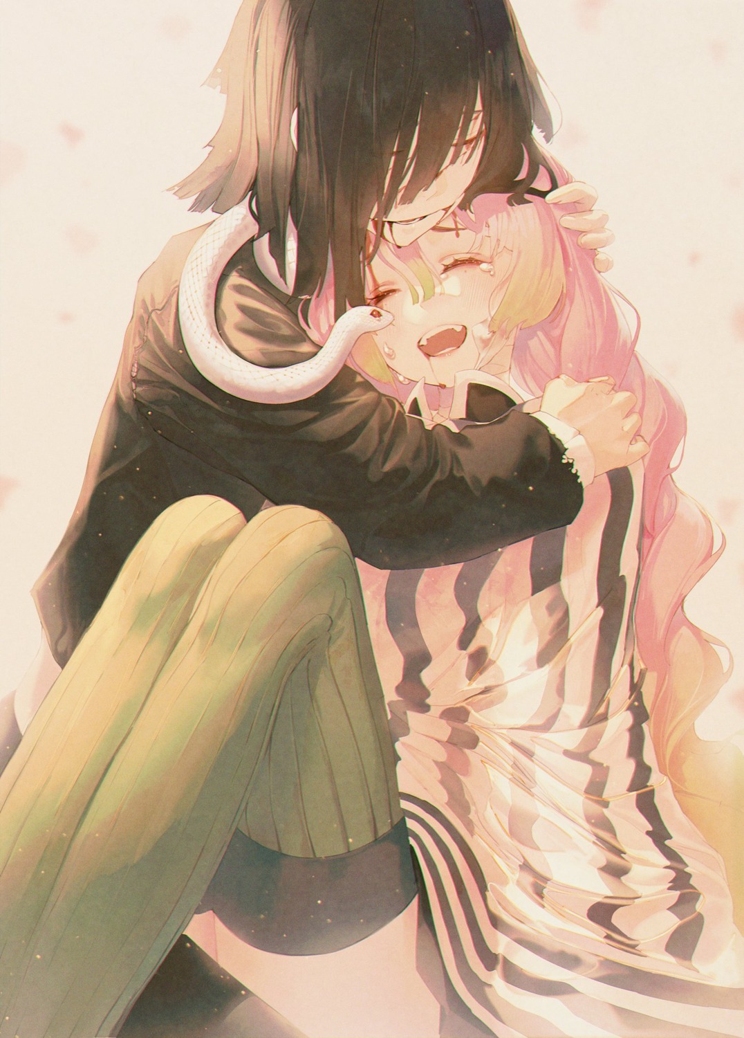 blood, iguro_obanai, kaburamaru, kanroji_mitsuri, kimetsu_no_yaiba, seol, skirt_lift, thighhighs, torn_clothes