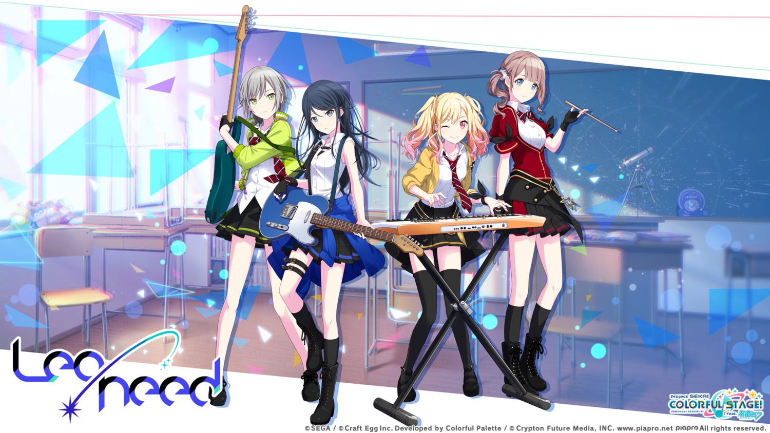 garter, guitar, heels, hinomori_shiho, hoshino_ichika_(project_sekai), mochizuki_honami, open_shirt, project_sekai