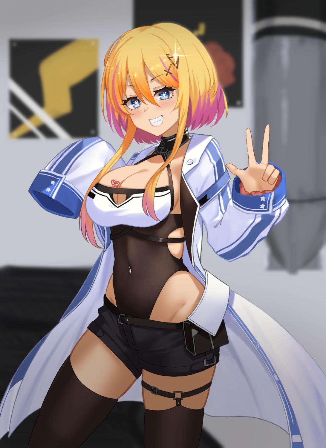 azur_lane, cleavage, garter, kuwahara_taiki, marblehead_(azur_lane), no_bra, stockings, tattoo
