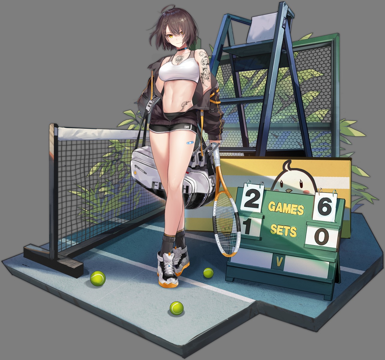 azur_lane, baltimore_(azur_lane), bandaid, bike_shorts, cleavage, fightpower, open_shirt, tattoo, tennis, transparent_png