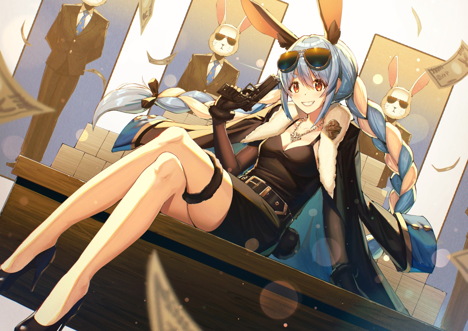 animal_ears, bunny_ears, business_suit, cleavage, dress, garter, gun, heels