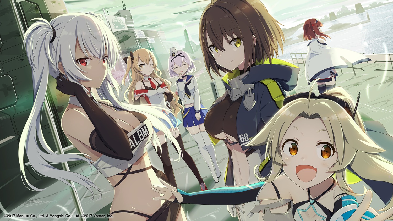 alabama_(azur_lane), aylwin_(azur_lane), azur_lane, baltimore_(azur_lane), bikini, birmingham_(azur_lane), cavalla_(azur_lane), cleavage, gochou_(comedia80), san_juan_(azur_lane), seifuku, swimsuits, thighhighs, wallpaper