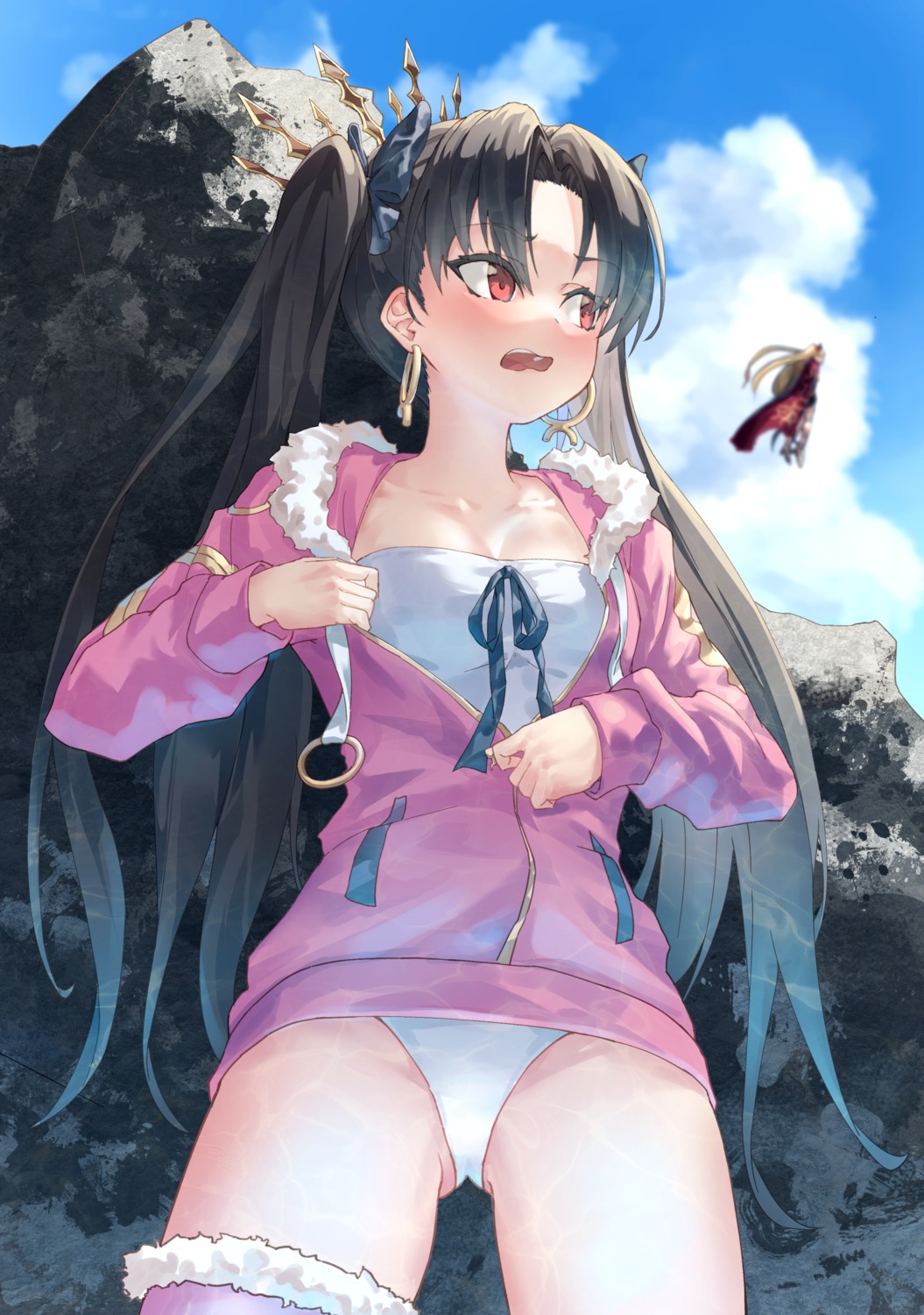 cleavage, ereshkigal_(fate), fate/grand_order, ildy, ishtar_(fate), swimsuits, thighhighs, undressing