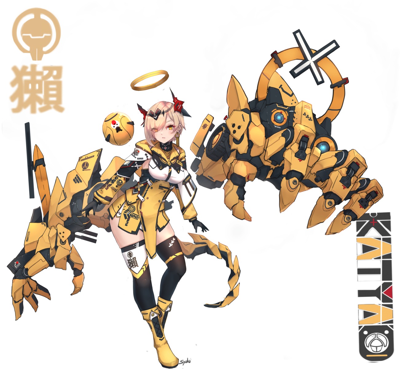 garter, horns, mecha_musume, syaha, tail, thighhighs