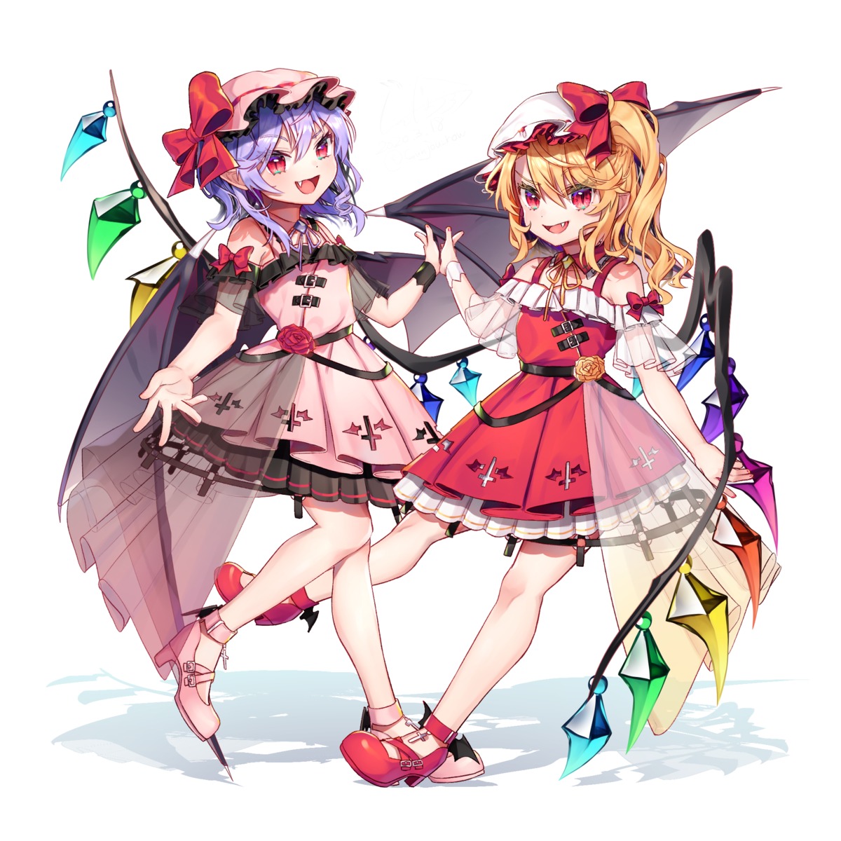 dress, flandre_scarlet, gunjou_row, heels, pointy_ears, remilia_scarlet, see_through, touhou