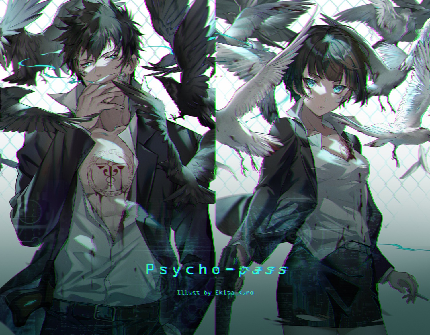 bandaid, blood, cleavage, ekita_xuan, gun, kougami_shinya, open_shirt, psycho-pass