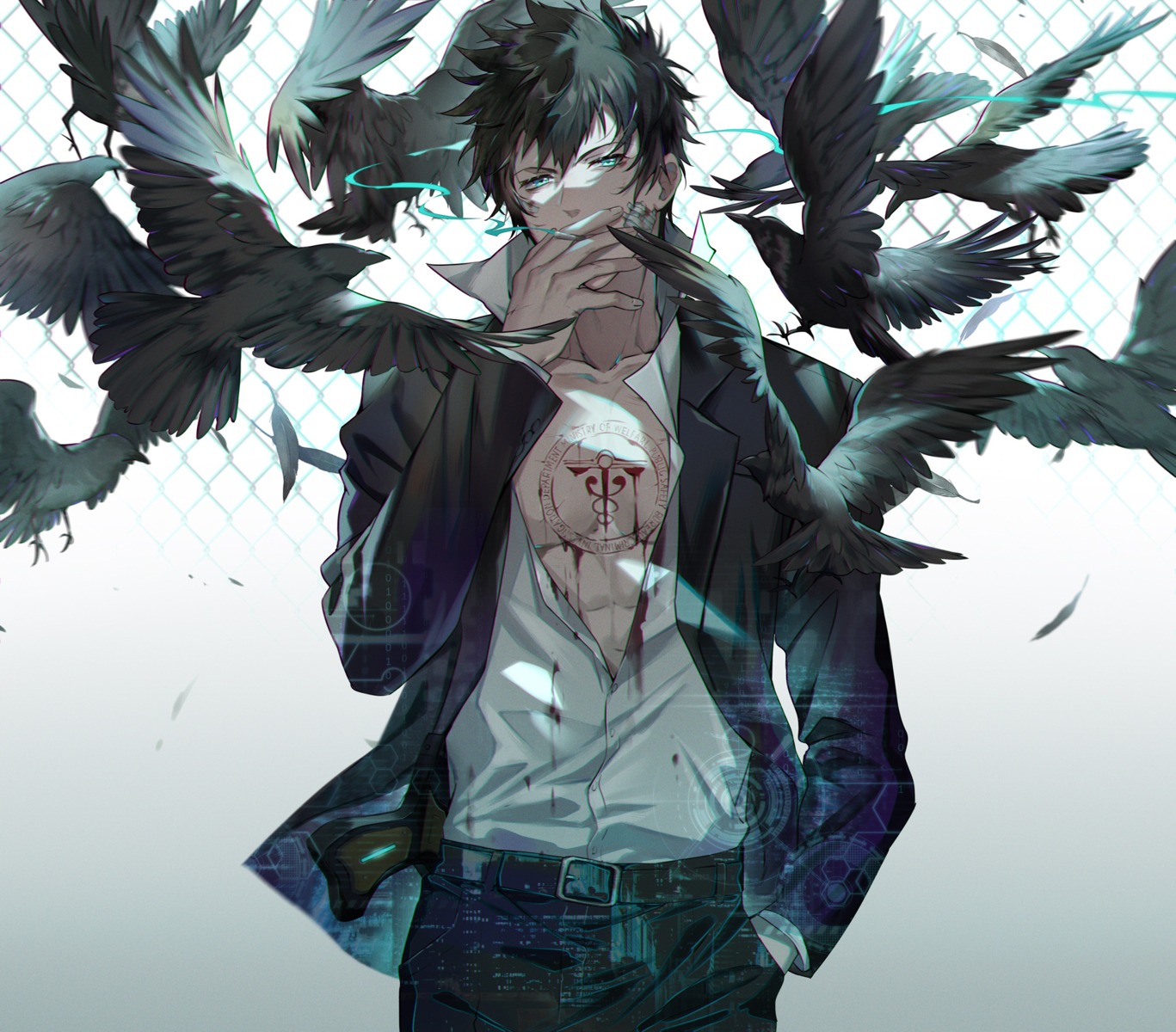 blood, ekita_xuan, gun, kougami_shinya, psycho-pass, smoking