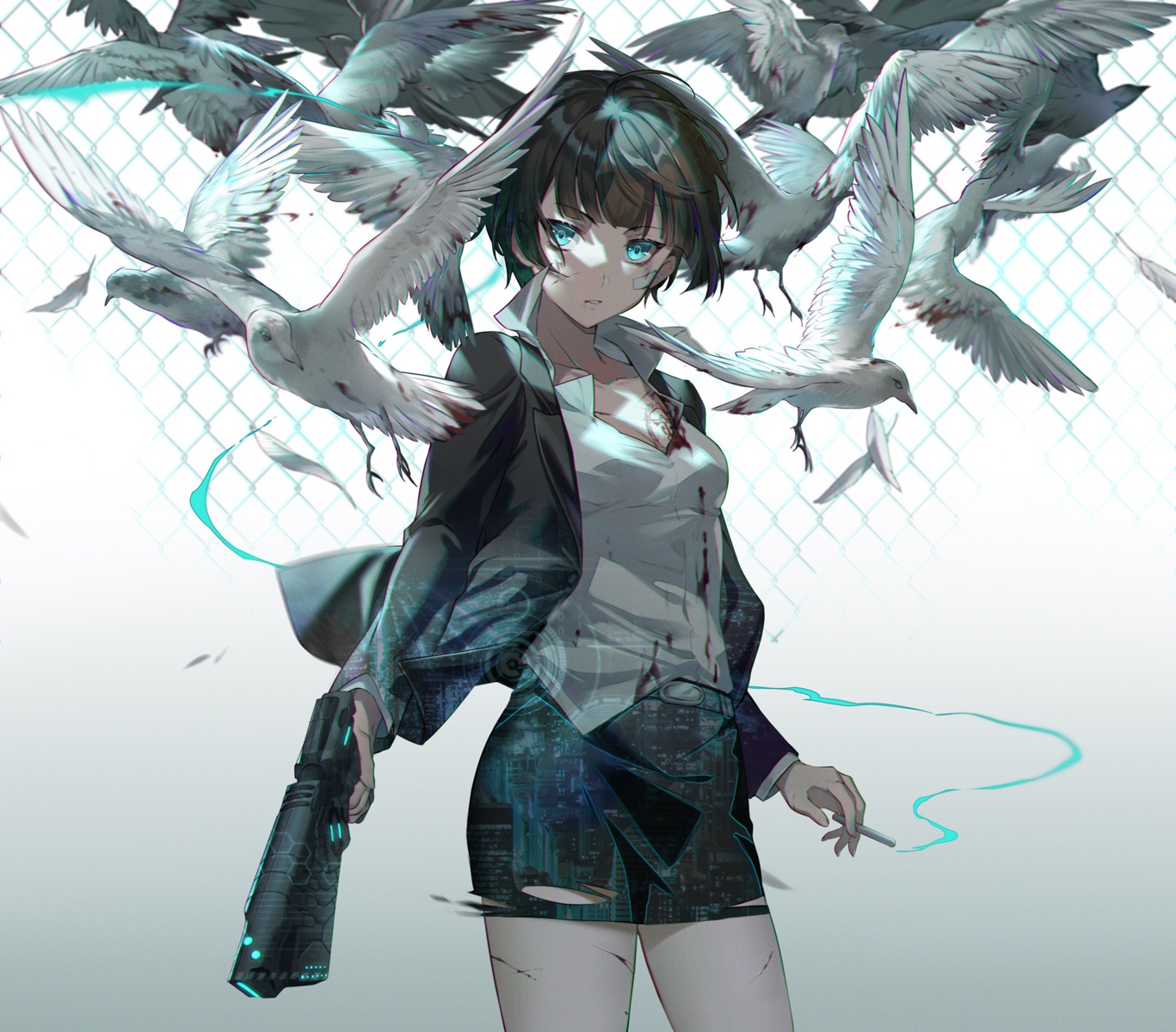 bandaid, blood, cleavage, ekita_xuan, gun, open_shirt, psycho-pass, smoking