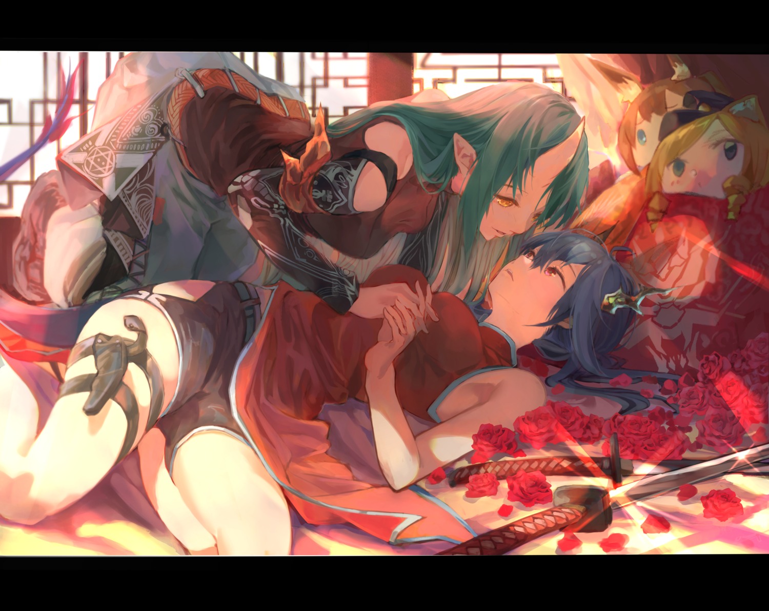 amiya_(arknights), arknights, asian_clothes, ch'en_(arknights), garter, horns, hoshiguma_(arknights), pointy_ears