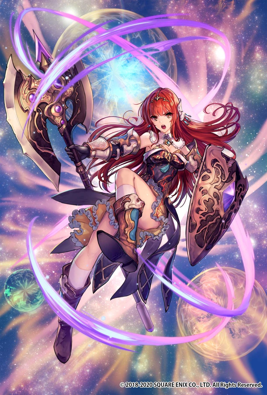 armor, cleavage, matsumoto_mitsuaki, romancing_saga_re;universe, skirt_lift, weapon
