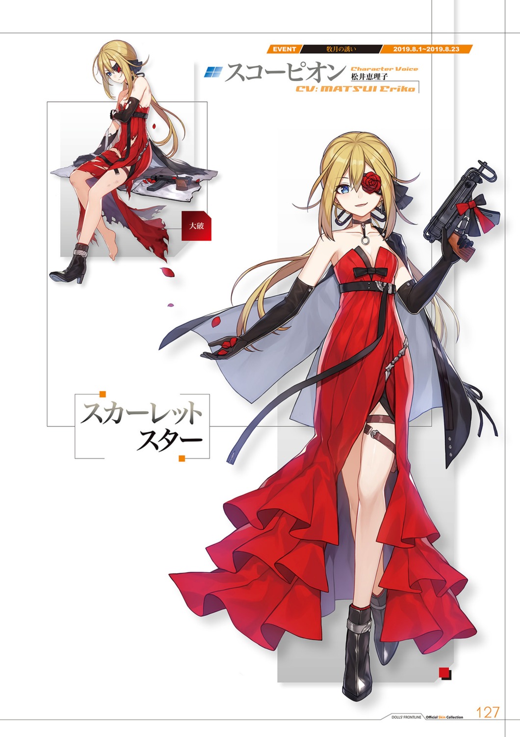 cleavage, eyepatch, garter, girls_frontline, gun, heels, skorpion_(girls_frontline), tagme