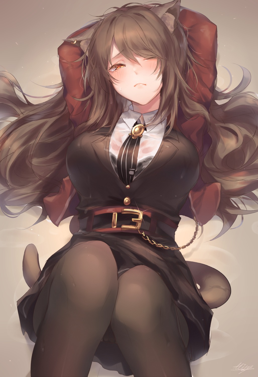 allze, animal_ears, arknights, bra, nekomimi, pantyhose, see_through, skyfire_(arknights), tail, uniform, wet_clothes