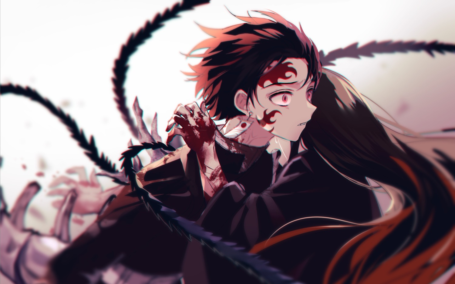 blood, japanese_clothes, kamado_nezuko, kamado_tanjirou, kimetsu_no_yaiba, naru_0, tattoo, uniform