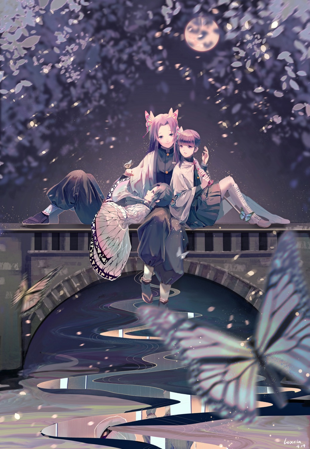 japanese_clothes, kimetsu_no_yaiba, kochou_kanae, kochou_shinobu, loxcia, skirt_lift, tsuyuri_kanao, uniform