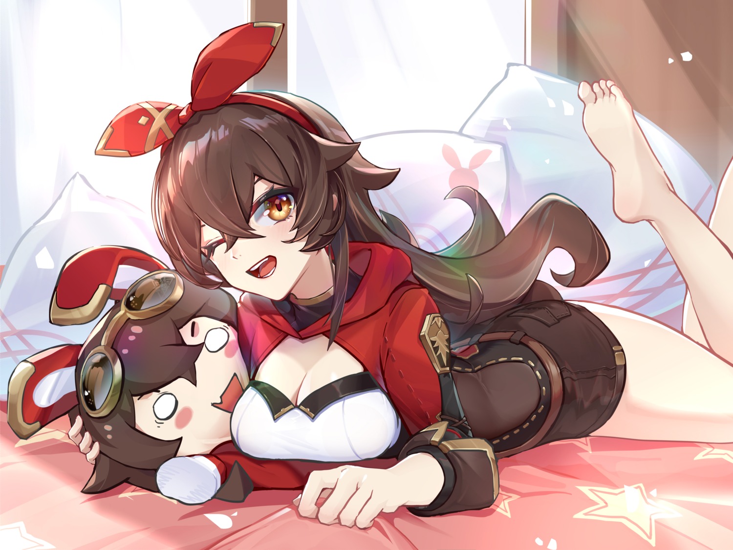 amber_(genshin_impact), animal_ears, baron_bunny, bunny_ears, chibi, cleavage, feet, genshin_impact
