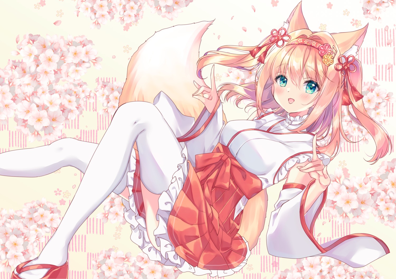 animal_ears, girls_melody_carnival!, kitsune, miko, miyakoto, skirt_lift, tail, thighhighs