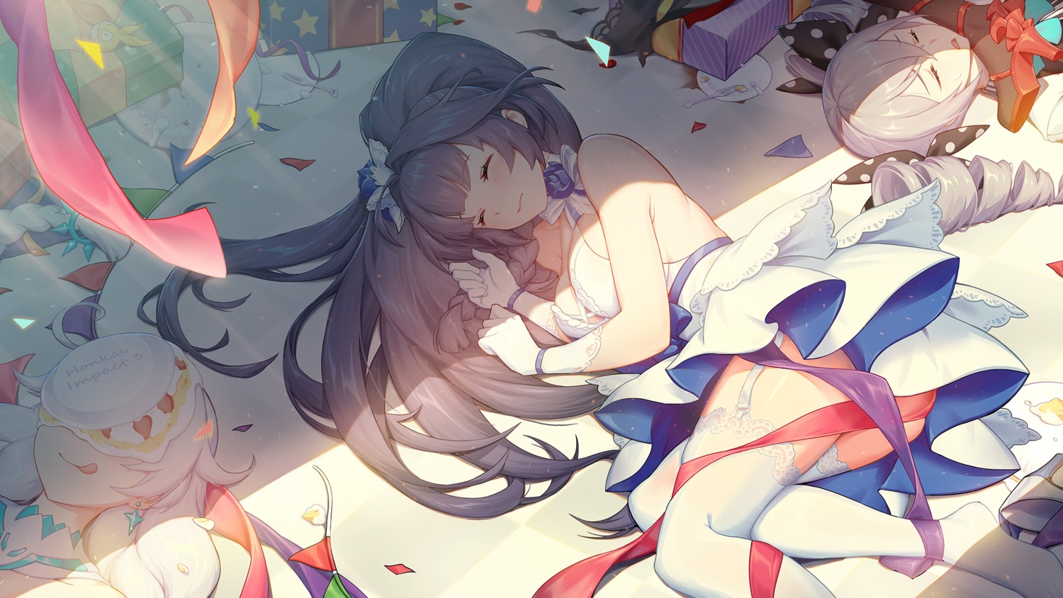 benghuai_xueyuan, bronya_zaychik, dress, heels, honkai_impact, kiana_kaslana, leaf98k, murata_himeko, raiden_mei, stockings, thighhighs, wallpaper