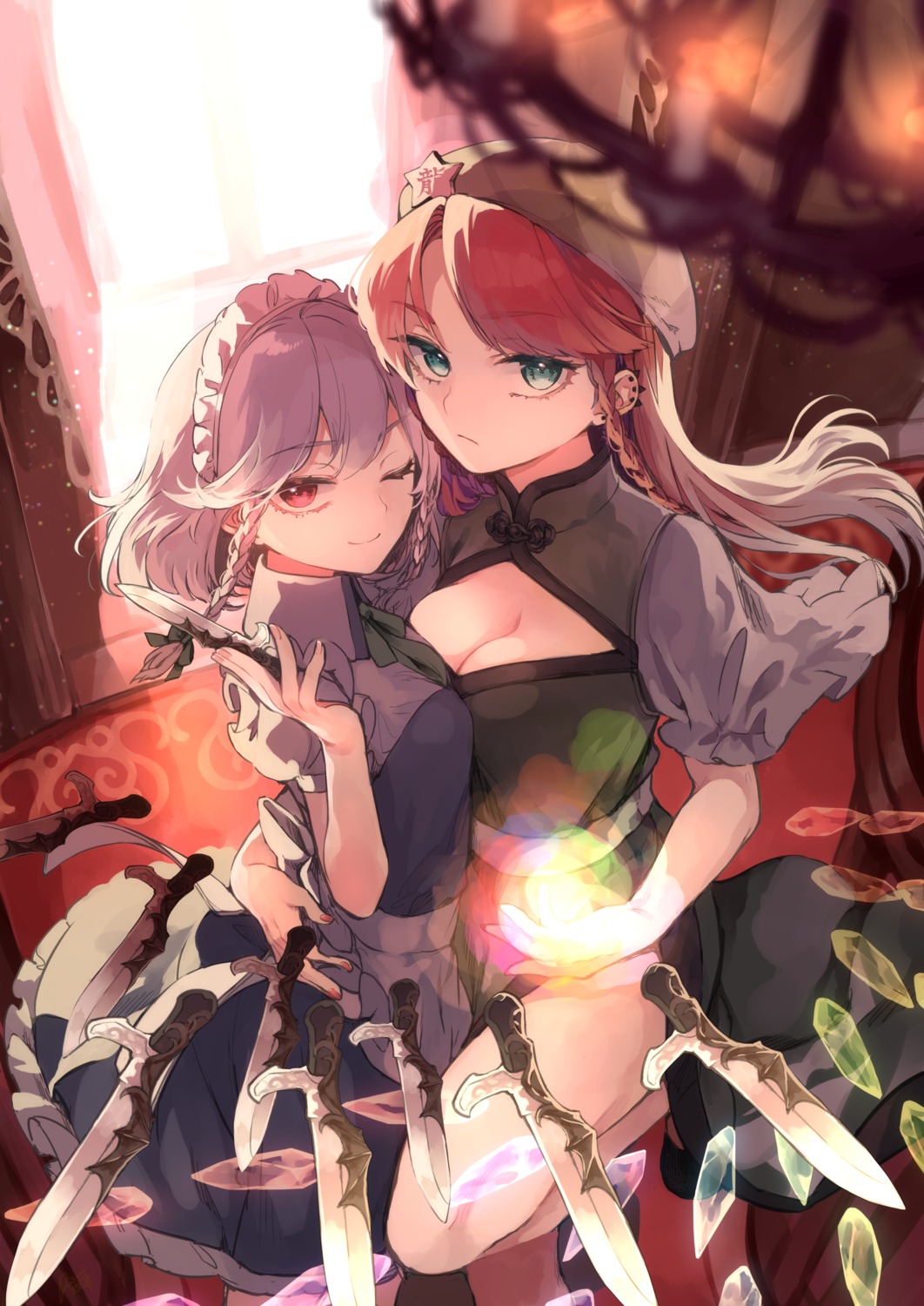 chinadress, cleavage, hong_meiling, izayoi_sakuya, maid, risui, symmetrical_docking, touhou