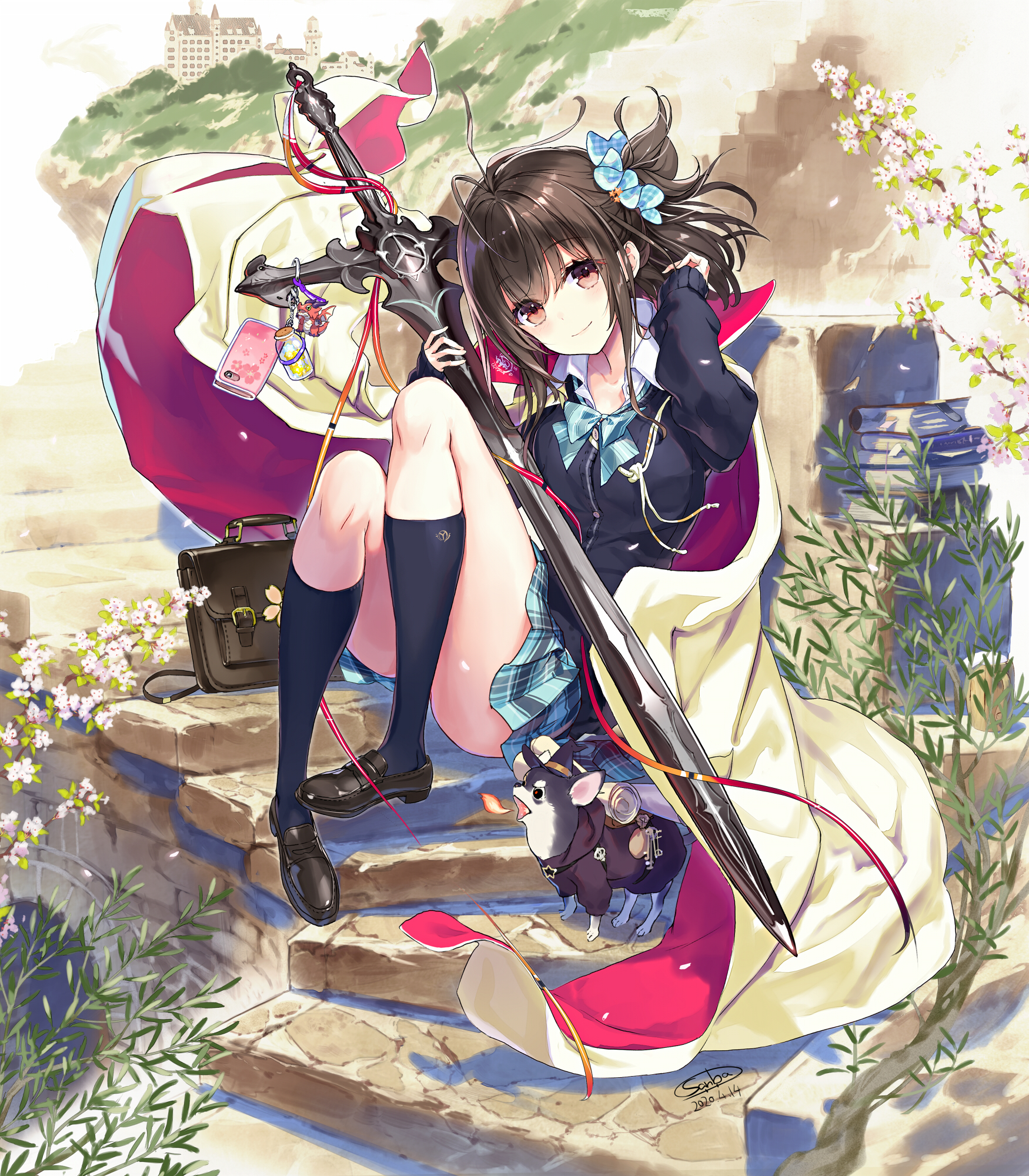 sanbasou, seifuku, skirt_lift, sweater, sword