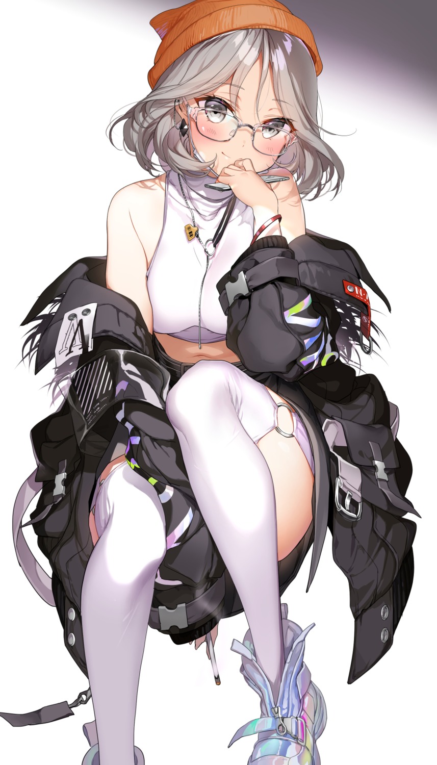 hoshii_hisa, megane, skirt_lift, stockings, thighhighs