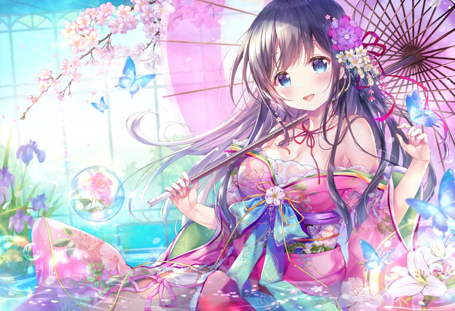 cleavage, ekouji_ruri, emori_miku_project, japanese_clothes, no_bra, open_shirt, sakura_moyon, umbrella, wet
