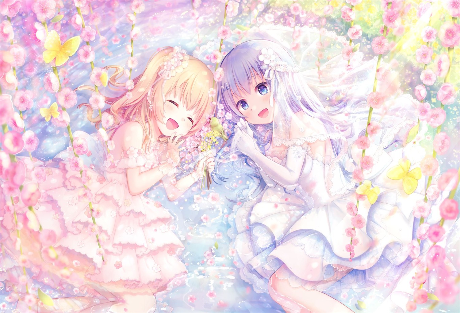 dress, emori_miku, emori_miku_project, emu_alice, kon_hoshiro, see_through, wedding_dress, wet