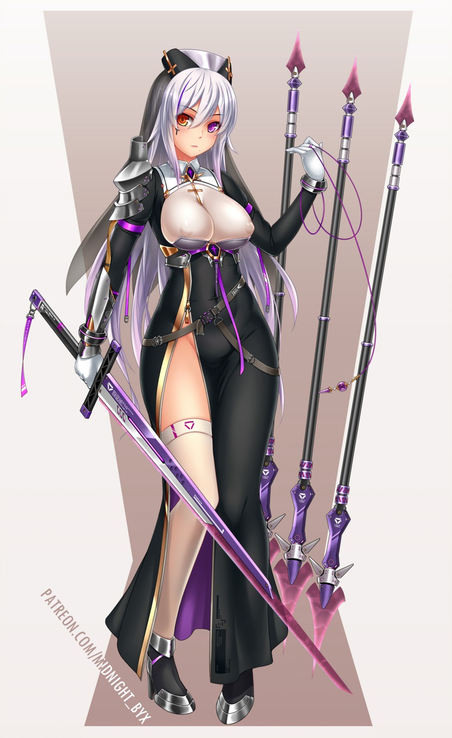 armor, erect_nipples, heels, midnight, nun, sword, thighhighs, weapon