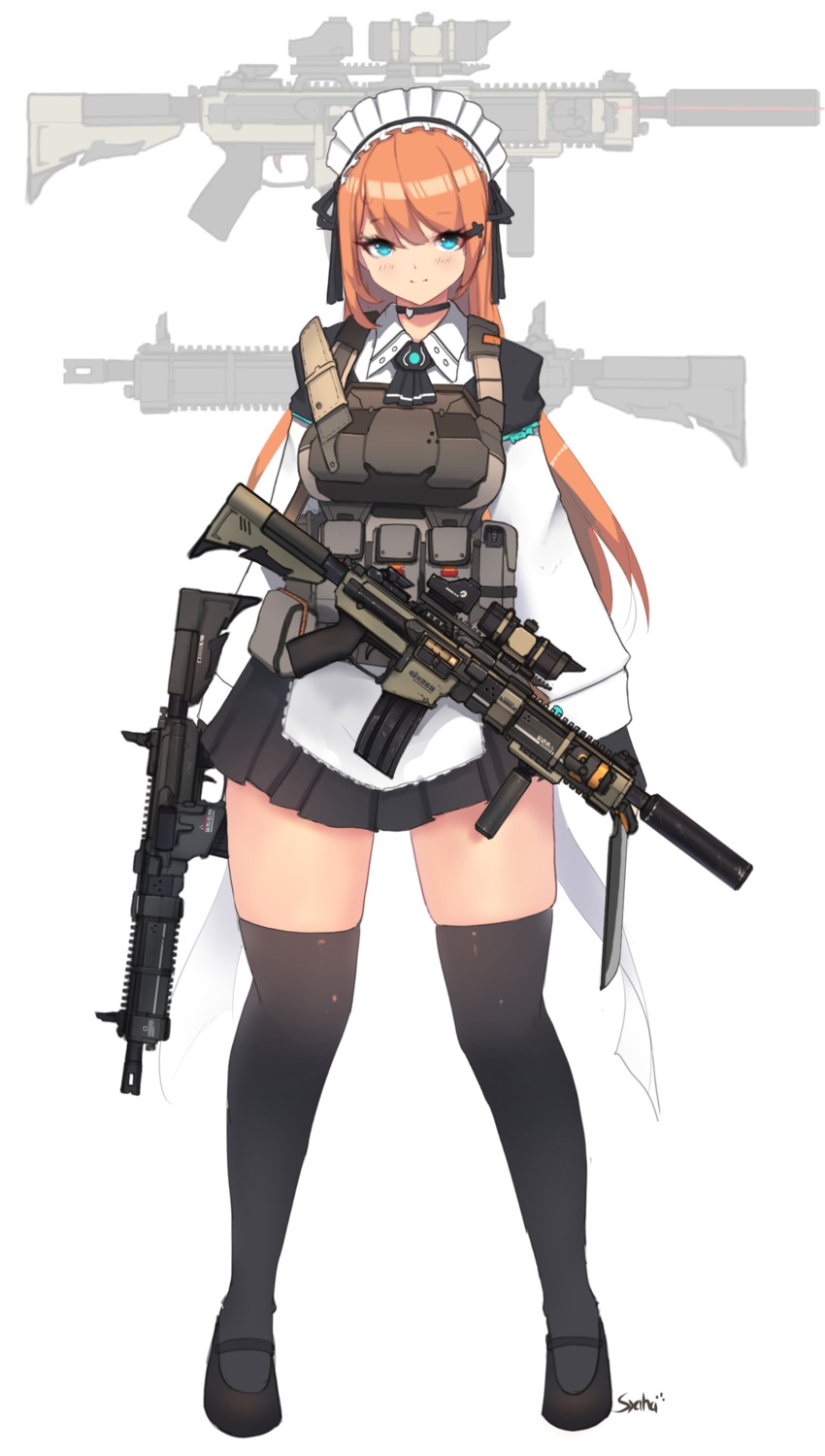 armor, gun, maid, syaha, thighhighs