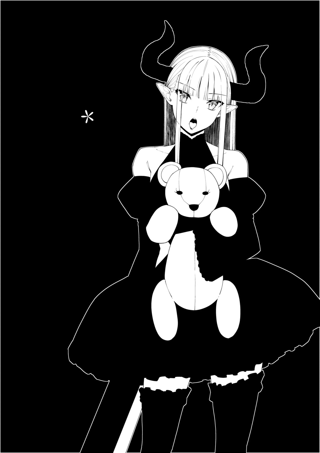 akino_sora, dress, horns, monochrome, pointy_ears, thighhighs