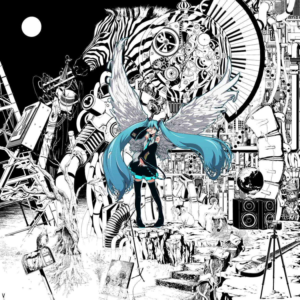 hatsune_miku, monochrome, saihate_(vocaloid), vocaloid, wings, yakushiji_takahito