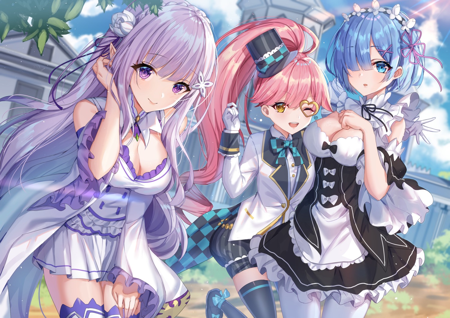 #compass, breast_hold, cleavage, crossover, dress, elf, emilia_(re_zero), maid, pointy_ears, re:zero_kara_hajimeru_isekai_seikatsu, rem_(re_zero), shanguier, thighhighs