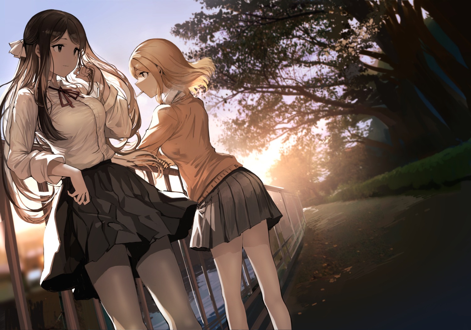 koruse, landscape, pantyhose, seifuku, skirt_lift, smoking, sweater