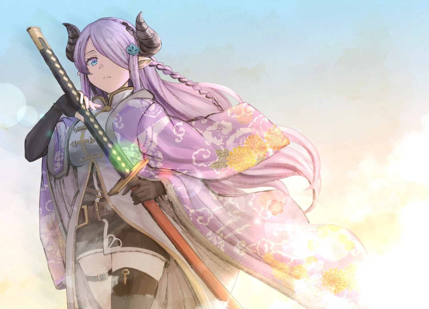 garter, granblue_fantasy, haniwa_(leaf_garden), horns, japanese_clothes, narumeia_(granblue_fantasy), pointy_ears, sword, thighhighs