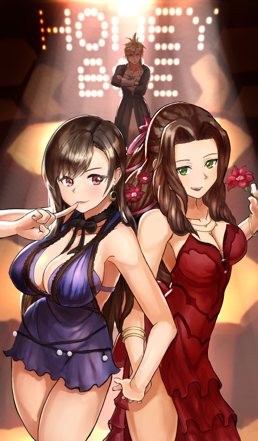 aerith_gainsborough, bra, cleavage, cloud_strife, crossdress, dress, final_fantasy, final_fantasy_vii, tifa_lockhart, viride