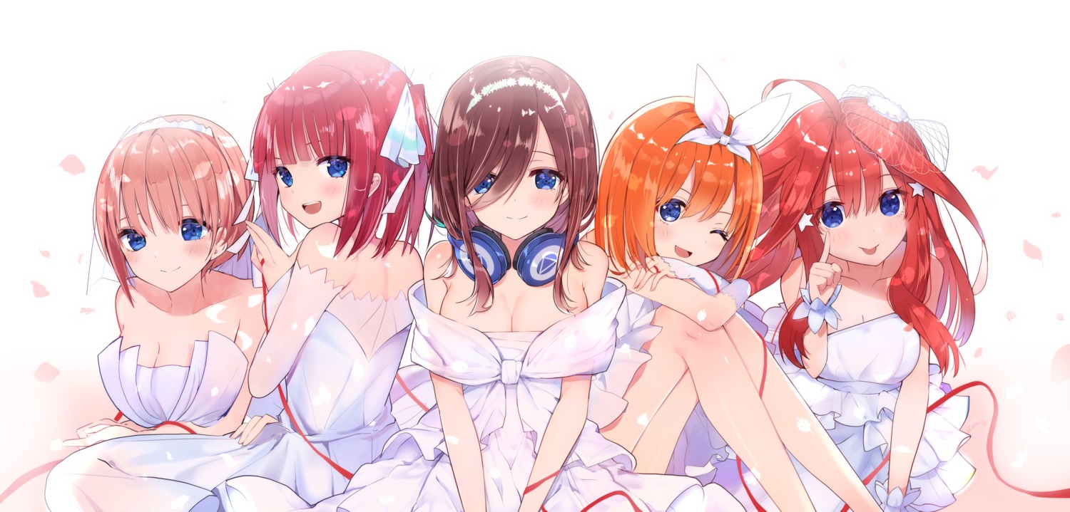 5-toubun_no_hanayome, cleavage, dress, hanakanzarashi, headphones, nakano_ichika, nakano_itsuki, nakano_miku, nakano_nino, nakano_yotsuba, skirt_lift, wedding_dress